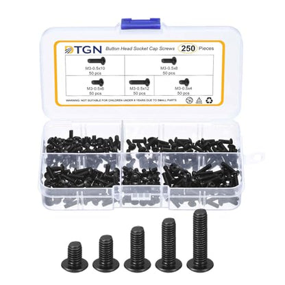 DTGN 250Pcs M3-0.5x4/6/8/10/12 Button Head Socket Cap Screw Carbon Steel - color: Black, size: M3-0.5x4/6/8/10/12mm
