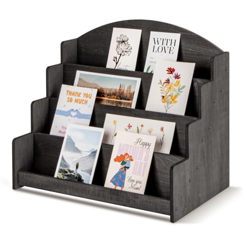 PUERSI Greeting Card Display Stand Holder - 4-Tier Wooden Organizer Rack - color: Black