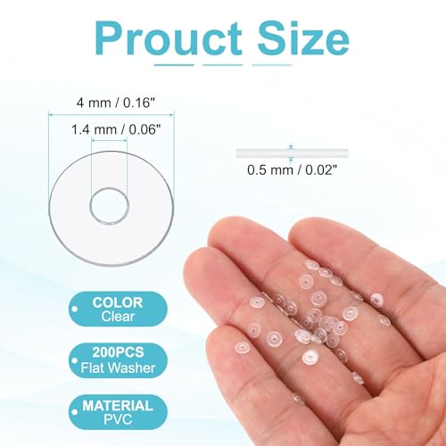 PATIKIL Flat Washer, 200 Pcs PVC Plastic Washers Round Sealing Spacer Gasket 1.4mm ID 4mm OD 0.5mm Thickness for Shower Door Handles Towel Bars Grommets Hardware Replacement, Clear - size: 1.4mm ID x 4mm OD x 0.5mm Thickness
