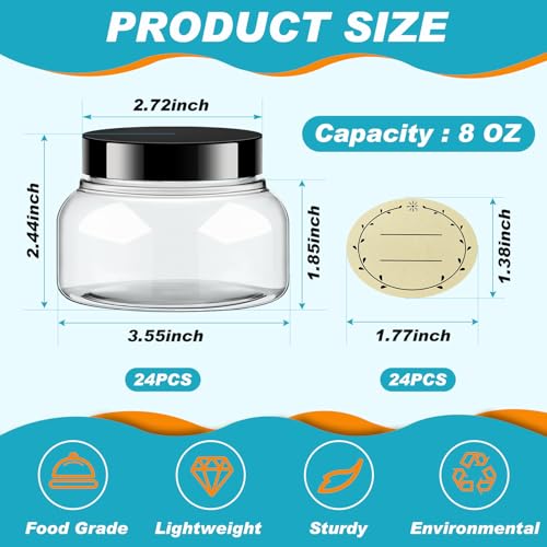 24 Pack Plastic Cosmetic Jars with Lids Label, 8 oz, Clear, Black - color: Clear, Black, size: 8 oz
