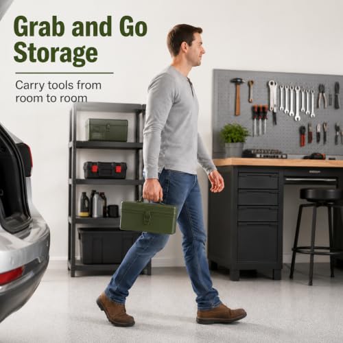 Portable Metal Tool Box with Removable Divider Tray, 14.2 in - color: Green