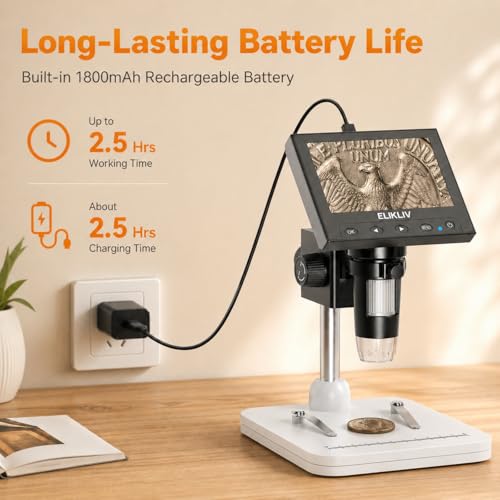 Elikliv Microscope, Digital Coin Microscope 1000x with Lights, EDM4, 4.3'' - color: White