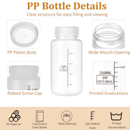 Acrux7 30PCS 8oz/250ml Wide Mouth Plastic Sample Bottles with Airtight Cap