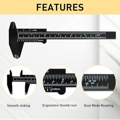 TamBee Plastic Vernier Caliper, 150mm Mini Caliper for School Students, Double Scale Caliper Jewelry Brow Sliding Gauge Ruler Measuring Tool 6Inch 5PCS(Black) - color: Black