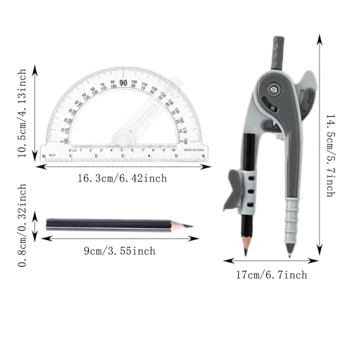 Unjoo Compass and Protractor Set, 6 Inch Protractor with Swing Arm (Gray) - color: Gray