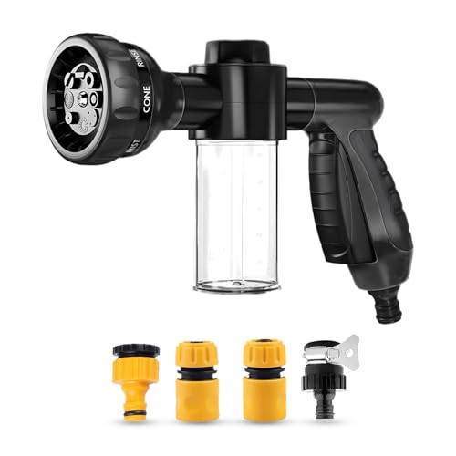 Wevdn Car Wash Nozzle, High Pressure 8 Adjustable Patterns Sprayer with Soap Dispenser, Universal Garden Hose Foam Nozzle for Car Washing and House Cleaning, Car Accessories (Black, 4 Connectors) - color: Black, 4 Connectors