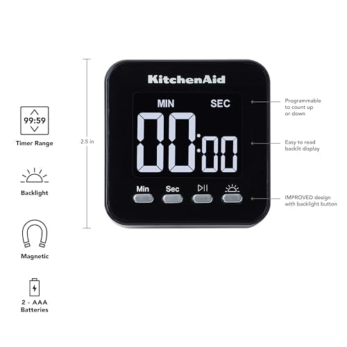 KitchenAid KQ912 99M Digital Single Event Magnetic Visual Timer with Backlight, Cooking, Classroom, Egg Timer, Black