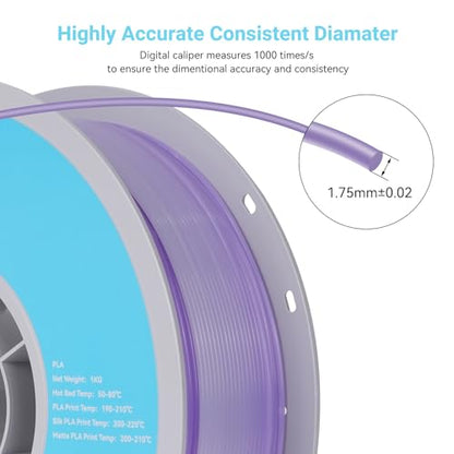 TECSONAR Crystal Rainbow PLA 3D Printer Filament, 1KG Spool(2.2lbs) 1.75mm PLA Fast Color Change 3D Printing Material,Gradient Filament for Most FDM 3D Printers,White Purple - color: Crystal White Purple