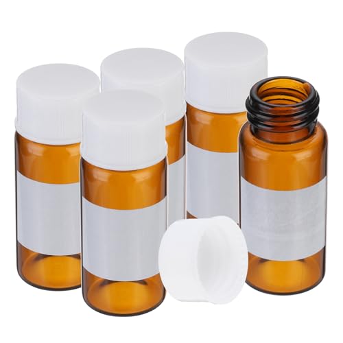 PATIKIL Small Glass Sample Bottles with Lids, 5 Pcs 10ml Amber Glass Vials with White Screw Caps Mini Leak Proof Reagent Sealed Bottles with Writing Label for Solid Liquid Powder Storage - color: White/Amber, size: 10ml