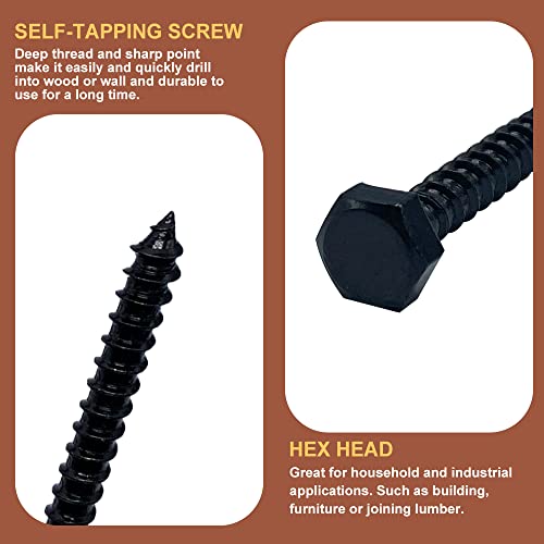 Hex Lag Bolts 112PCS M6 Hex Head Lag Screws Washers Assortment Kit Fully Thread Heavy Duty Hexagon Wood Screw Zinc Plated Black Metric Length Include 16/20/25/30/35/40/45/50/60mm