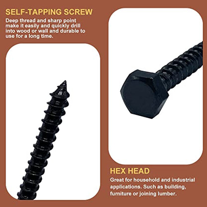 Hex Lag Bolts 112PCS M6 Hex Head Lag Screws Washers Assortment Kit Fully Thread Heavy Duty Hexagon Wood Screw Zinc Plated Black Metric Length Include 16/20/25/30/35/40/45/50/60mm
