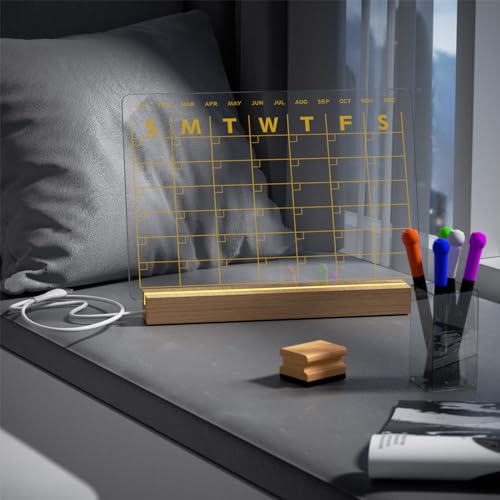 Light Up Clear Dry Erase Calendar 13 x 9 inch with 5 Markers, Acrylic Lighting Markable Calendar Board Agenda for Bedroom/Office/Home/Kitchen - style: Calendar