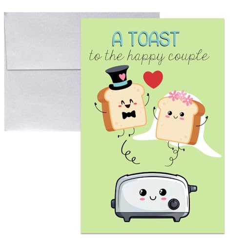 Amanda Creation Funny Wedding Card, 4x6 Blank Inside with Silver Envelope, A Toast to the Newlyweds Bread & Toaster Bride and Groom Greeting - style: Toast