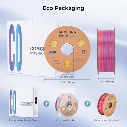 Comgrow Tri-Colors Silk PLA 3D Printer Filament, Rainbow PLA Filament 1.75mm, Dimensional Accuracy +/- 0.02 mm, 4KG Spool, Coextrusion 3D Filament with Shiny Silk - color: Mix