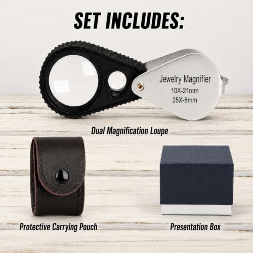 Dual Lens Jewelers Loupe Magnifier, 10X & 25X Pocket Foldable Jewelry Magnifier with 21mm and 8mm Optical Glass, Stainless Steel Body, Dual Lens Loupe for Jewelry, Gems, Coins, Stamps, Watch, etc