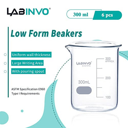 Low Form Graduated Glass Beaker, 6pcs of Vol.300ml, 3.3 Borosilicate Glass Beaker Set, IN-BKL300 - style: 6 PCS of 300 mL