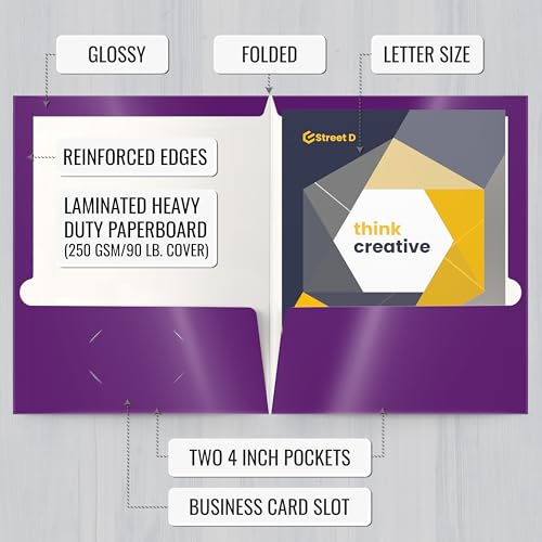 Better Office Products 2 Pocket Glossy Laminated Purple Paper Folders, Letter Size, Purple Paper Portfolios, Box of 25 - color: Purple