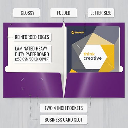 Better Office Products 2 Pocket Glossy Laminated Purple Paper Folders, Letter Size, Purple Paper Portfolios, Box of 25 - color: Purple