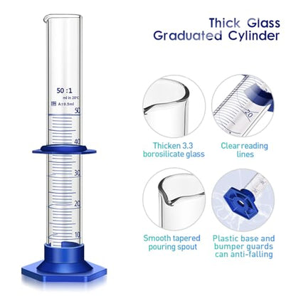Thick Glass Graduated Cylinder Measuring Liquid Lab Cylinders with Anti-Falling Plastic Base and Bumper Guards and Cylinder Brush (Glass, 50ML) - size: 50ML