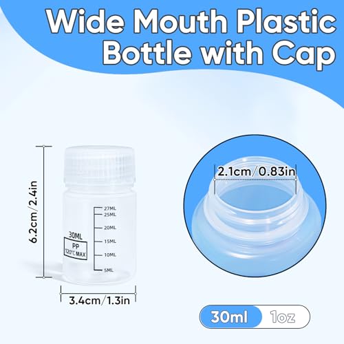 DEMORA Plastic Bottles with Airtight Caps 1oz/30ml, Food Grade Wide Mouth Liquid Containers, Reusable PP Graduated Measuring Bottles for Water Sample Lab Reagent Liquids Mixing (Clear, 4 Pcs)