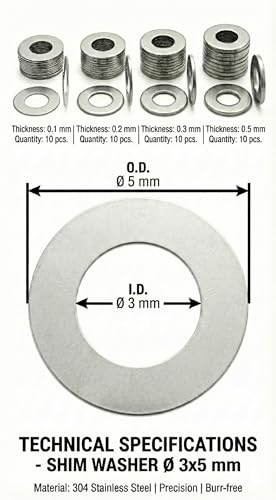 3x5mm Shim Washers RC Stainless Steel 40pc 0.1-0.5mm 3mm ID - size: 3x5
