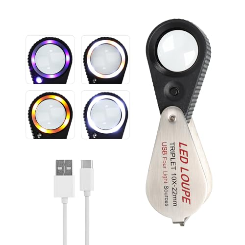 10X Rechargeable Jewelers Loupe, Jewelry Loupe with UV & LED Light, Foldable Hasting Triplet Magnifier, Illuminated Eye Loop Jewelry Magnifying Glass for Gemstone, Coins and Stamps(4 Lights Mode) - color: Silver