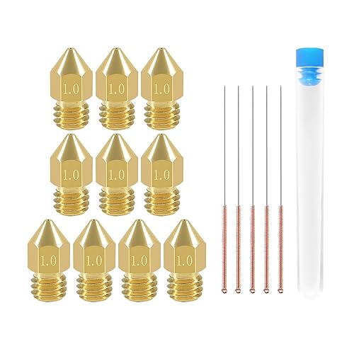 Aokin 10 Pcs 1.0mm 3D Printer Nozzles MK8 Extruder Nozzles and 5 Pcs 0.8mm Stainless Steel Nozzle Cleaning Needles for Creality Ender 3/3 Pro/3 V2, Ender 5/5 Pro, CR-10/10S, Makerbot, Anet A8 - color: 1.0mm
