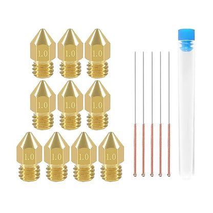 Aokin 10 Pcs 1.0mm 3D Printer Nozzles MK8 Extruder Nozzles and 5 Pcs 0.8mm Stainless Steel Nozzle Cleaning Needles for Creality Ender 3/3 Pro/3 V2, Ender 5/5 Pro, CR-10/10S, Makerbot, Anet A8 - color: 1.0mm