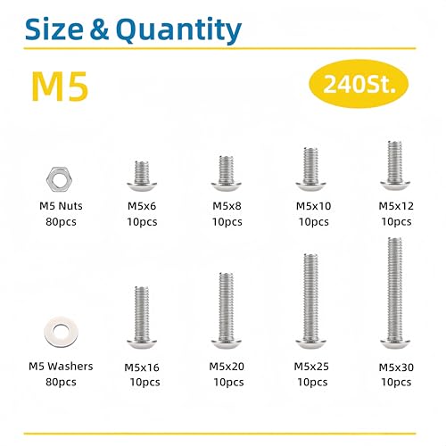 240 Pcs M5 Screws Assortment Kit, M5x6mm/8mm/10mm/12mm/16mm/20mm/25mm/30mm, Metric Hex Button Head Socket Cap Screws Nuts Washers Kit with Wrench, 304 Stainless Steel - size: M5 240 Pcs