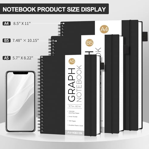 AHGXG Spiral Graph Paper Notebook, 110 Pages, A4 (8.5" x 11") - color: Black, style: A4-Graph