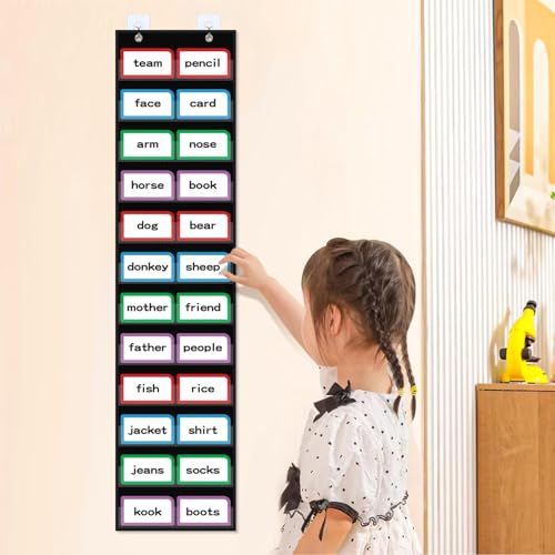 ANCOMEDO 10”W x 48.25”H Classroom Words Pocket Chart with 12 Clear Pockets, Black Standard Pocket Chart for Classroom and Home for Sentence Strips, Reusable Words Hanging Pocket Chart (Black) - size: 10Wx48.25H