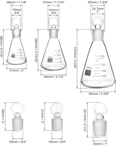 QWORK Glass Erlenmeyer Flask Set (50, 100 and 250ml), 6 Pack Graduated Borosilicate Glass Erlenmeyer Conical Flask with Glass Stopper for Lab, Experiment, Chemistry - color: 2 Sets