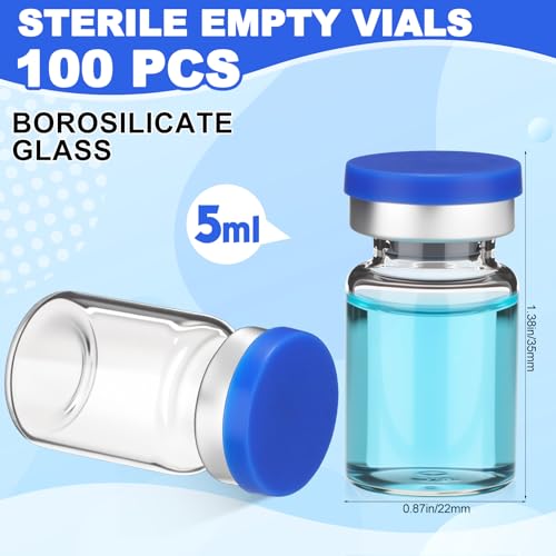 100 Pcs 5ml Sterile Vials, Empty Vials for Injection, Blue Lid - color: Blue lid