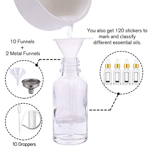PrettyCare Glass Eye Dropper Bottles 2oz (60ml), 63 Pack Clear Empty Thick Bottles Bulk with Leakproof Golden Caps - With Labels & Funnels for for Storage, Travel,Essential Oils, DIY Serums, Tincture - color: 2oz Clear, style: 63 Pack