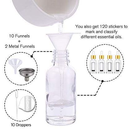 PrettyCare Glass Eye Dropper Bottles 2oz (60ml), 63 Pack Clear Empty Thick Bottles Bulk with Leakproof Golden Caps - With Labels & Funnels for for Storage, Travel,Essential Oils, DIY Serums, Tincture - color: 2oz Clear, style: 63 Pack