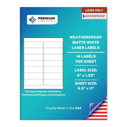 Premium Label Supply Waterproof White Address Sticker Labels – 4" x 1.33" – Laser Printers Only – (14 per Sheet), 10 Sheets - 140 Total Adhesive Labels - size: 140 Labels