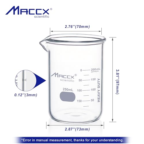 8.5oz(250ml) Sturdy Glass Beaker, Heavy-Duty Lab Beaker Set, 3.3 Borosilicate Griffin Low Form with Printed Graduation, Pack of 6, BKL250-006 - style: Vol.250ml, Pack of 6