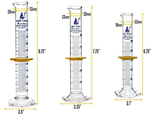 EISCO Premium Graduated Cylinder Set - 25mL, 50mL & 100mL - ASTM, Class A - Protective Collars, Hexagonal Base - Blue Graduations - Borosilicate 3.3 Glass