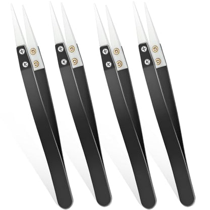 4pcs Ceramic Tweezers Stainless Steel Ceramic Precision Tweezers for Electronics, Non-Conductive Anti Static High Temperature Resistant Fine Point Tweezer for Precision Electrical Operation, Black