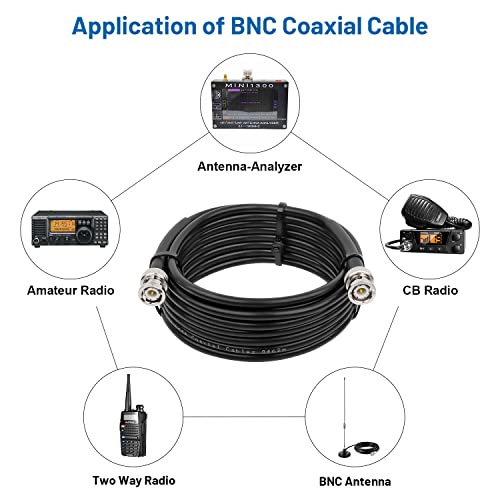 MOOKEERF BNC Cable - 50FT RG58 50 ohm Male to Male Coax Cables Low Loss BNC Extension Coaxial Cable with for Antennas, RF Radios, Modems, Oscilloscopes, Spectrum, etc (Black) - size: 50FT