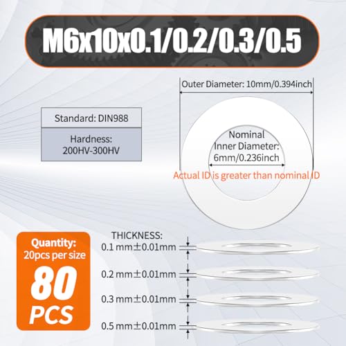 Shim Washer 6 x 10 Precision Spacers Kit 80 Pcs 0.1/0.2/0.3/0.5mm Thick - size: 6x10 x 0.1/0.2/0.3/0.5mm