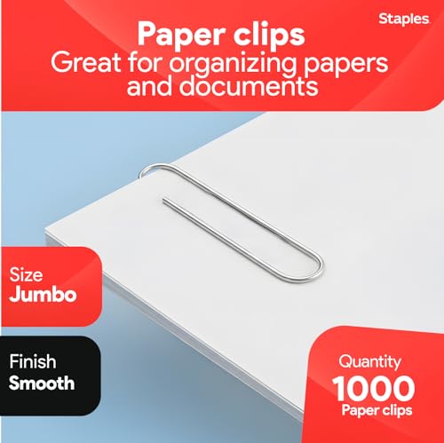Staples Jumbo Paper Clips, Silver, Large Steel, 1,000-Pack - size: 1,000 Pack