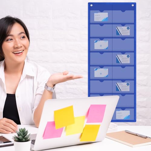AmazingSpark 2 Pack 3'' x 5'' Index Card Holder Sleeve 16 Slot Plastic Organizer Hanging Wall Mount Business Note Cardholder PVC Clear Organizer Pocket for Classroom Office Library Home (Blue) - color: Blue