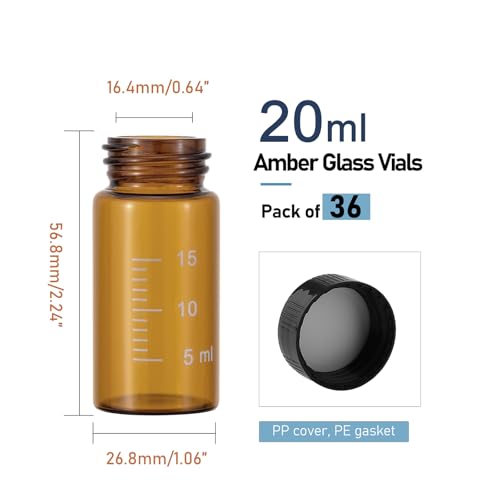 20mL Amber Glass Vials with Screw Caps & Scale, 36pcs