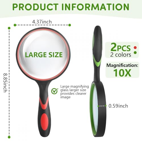 SenseYo 2 Pack 10X Handheld Magnifying Glass Large Reading Magnifier with Scratch Resistant Glass Lens for Kids Seniors Hobby Nature Exploration Scientific Activities (Green & Red) - color: Mixed 2 Pcs