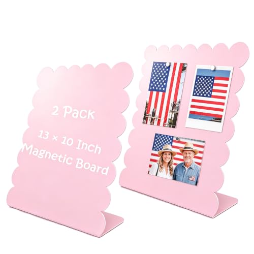 2 Pack Metal Pink Scalloped Magnet Display Board, 13"×10" Anti-Slip Desk Magnetic Bulletin Board Decorative Tabletop Memo Photo Display Stand Small Business Supplies for Home Office Vendor Booth Class - size: 13" × 10"- p