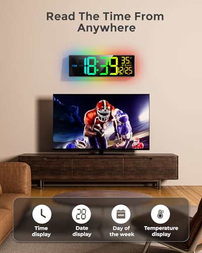 EASYERA 16.5" Large Digital Wall Clock with BT Sync, 11 RGB Lights - size: 15.98 inches