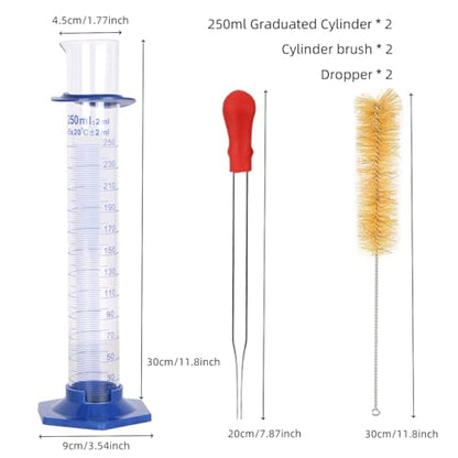 2Pcs 250ml Graduated Cylinder, Thick Glass Measuring Cylinder, with Anti-Falling Plastic Base and Bumper Guards, for Science Laboratory Measuring Liquid, Bring 2 Brushes and droppers - size: 250ml