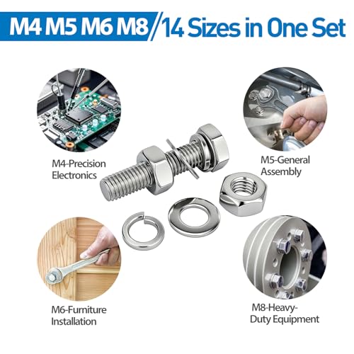 520pcs M4 M5 M6 M8 Hex Bolts and Nuts Assortment Kit, 4 Most Popular Sizes 304 Stainless Steel Assorted Metric Screws, Nuts and Flat & Lock Washers,Length 10-40mm with 4 Screw Driver bits - size: M4 M5 M6 M8