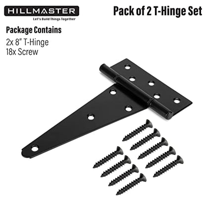 HILLMASTER 8 Inch T-Strap Heavy Duty Shed Door Hinges Gate Strap Hinges Black Tee Hinge Wrought Hardware for Wooden Fences,Yard,Barn Door,Rustproof (2 Pack) - size: 8in 2Pack
